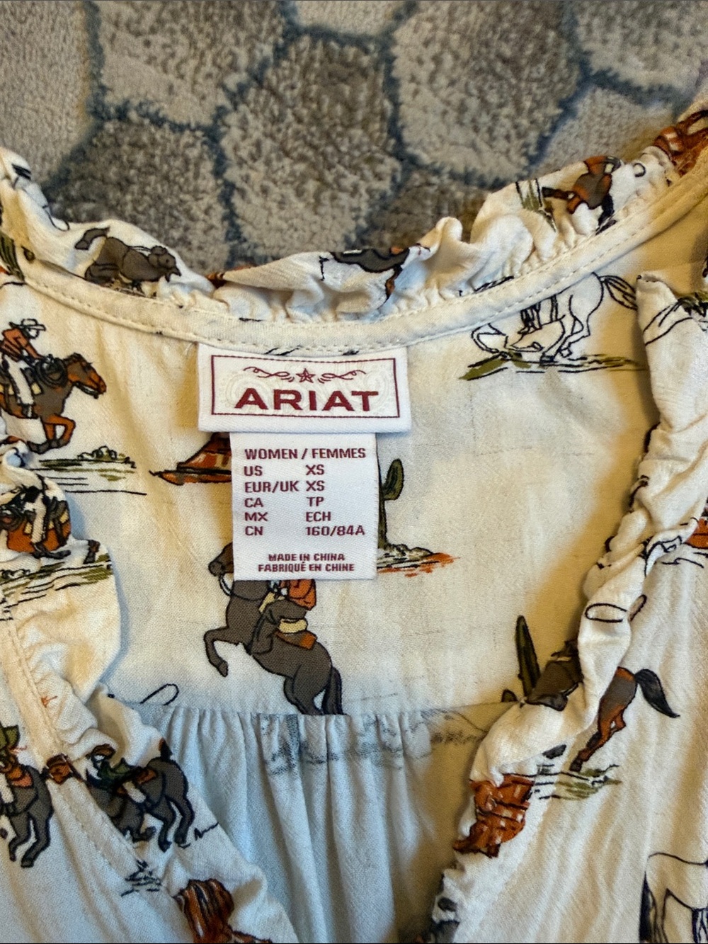 Ariat Cream Sleeveless Western Print Top with Brown and Green Motifs - Picture 3 of 4